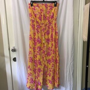 Jessica Simpson Bright Yellow and Pink Floral Strapless Dress (Midi) w/tie